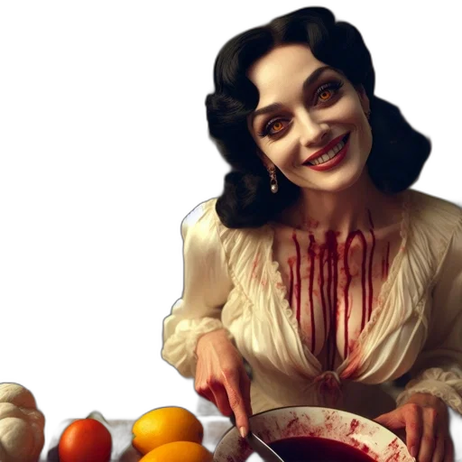 food, older-styled, woman, bloody, blouse, cuts, fruits, aged transparent PNG cut-out