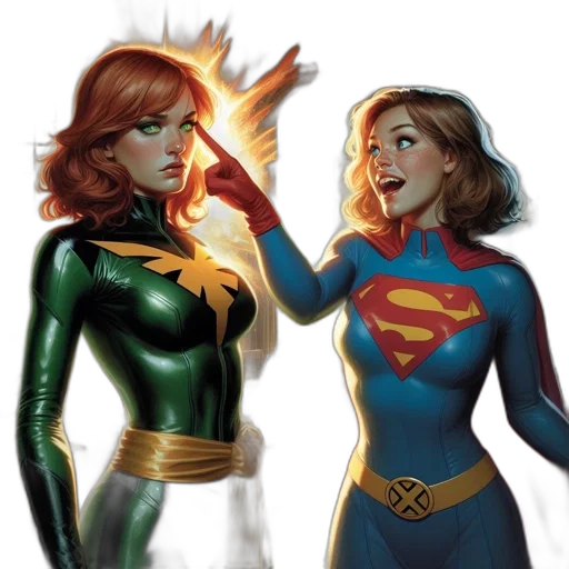 comic book art, concept art, cartoon, two, female, superheroes, one, fiery transparent PNG cut-out