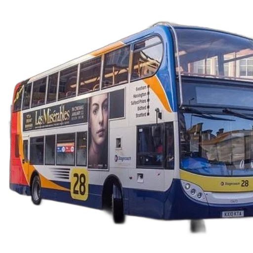 photorealistic, city street, double-decker, bus, advertisement, les, misérables, parked transparent PNG cut-out