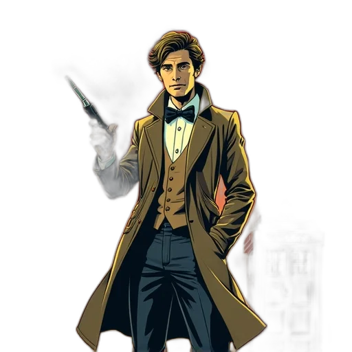 jacket, staff, comic book art, concept art, pixel art, fantasy art, golden, comic transparent PNG cut-out