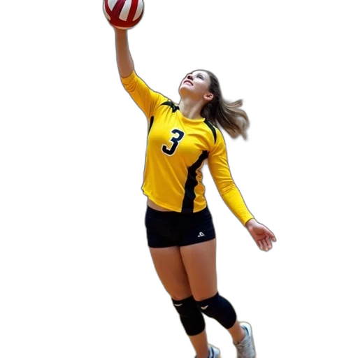 female, volleyball, player, mid-air, reaching, hit, ball, her transparent PNG cut-out