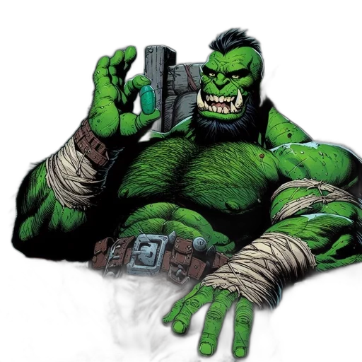 staff, comic book art, concept art, fantasy art, green-skinned, orc, armor, fierce transparent PNG cut-out