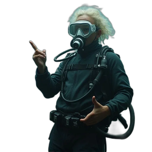 mask, creature, jacket, staff, cyberpunk, concept art, underwater, snorg transparent PNG cut-out