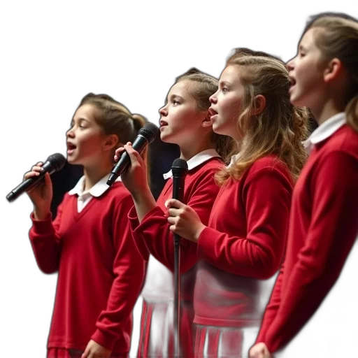 group, young, girls, red, school, uniforms, standing, stage transparent PNG cut-out