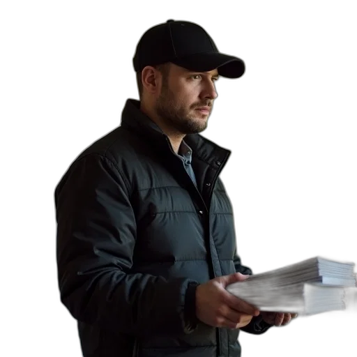 jacket, hat, staff, man, dark, cap, holding, stack transparent PNG cut-out