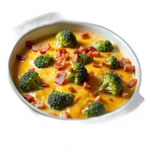 food, photorealistic, 3d render, casserole, dish, filled, cheesy, broccoli transparent PNG cut-out