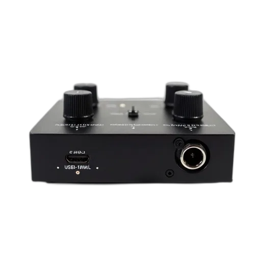 black, audio, mixer, two, knobs, usb, port, labeled transparent PNG cut-out