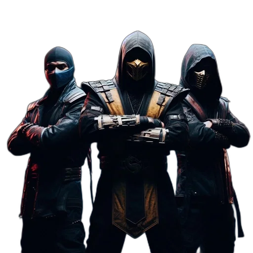 mask, jacket, weapon, staff, concept art, three, figures, dark transparent PNG cut-out