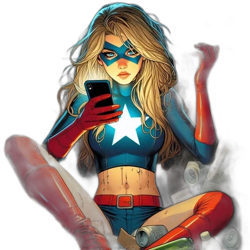 comic book art, concept art, cartoon, fantasy art, female, superhero, sits, amidst transparent PNG cut-out
