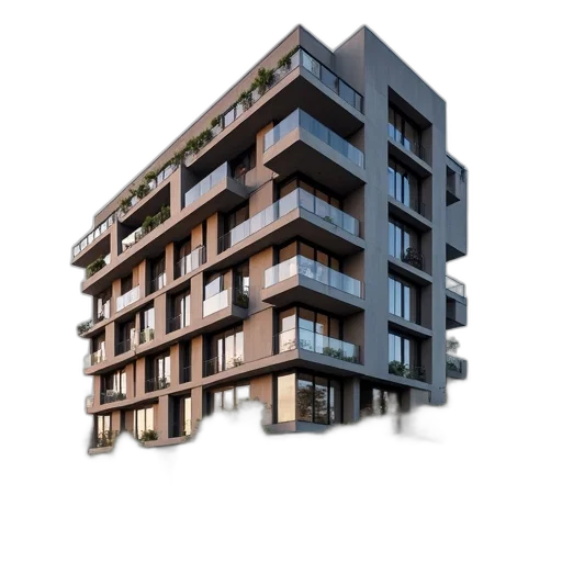 building, 3d render, photorealistic, concept art, exterior, block, shaped, apartment transparent PNG cut-out