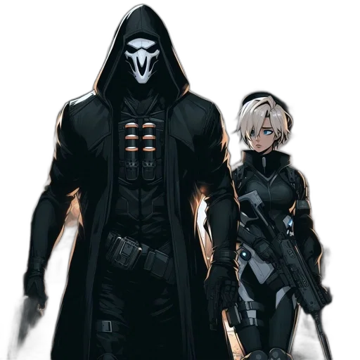 mask, jacket, weapon, concept art, cyberpunk, comic book art, fantasy art, monochrome transparent PNG cut-out