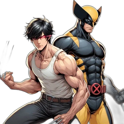 comic book art, concept art, fantasy art, two, male, characters, clad, superhero transparent PNG cut-out