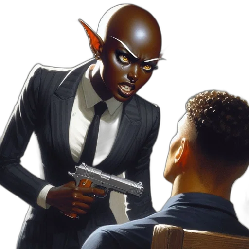concept art, comic book art, cartoon, dark-skinned, woman, suit, points, gun transparent PNG cut-out
