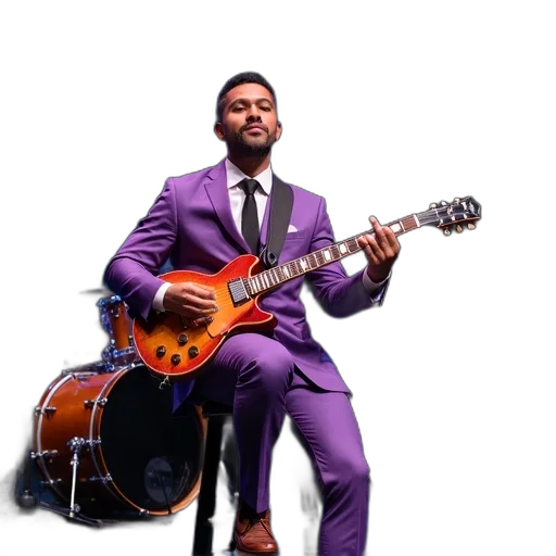 jacket, man, seated, chair, playing, electric, guitar, stage transparent PNG cut-out
