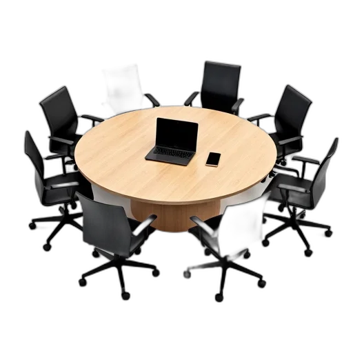 furniture, staff, 3d render, round, wooden, table, black, laptop transparent PNG cut-out