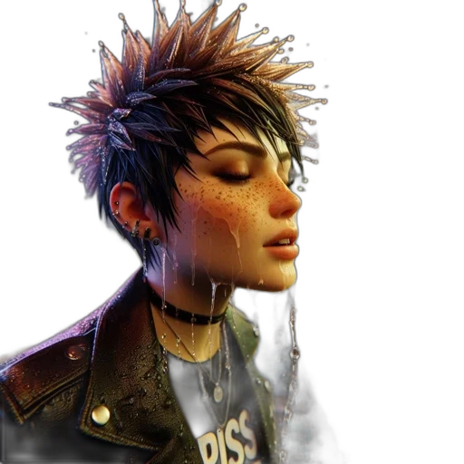 jacket, face, concept art, cyberpunk, photorealistic, 3d render, dark, woman transparent PNG cut-out