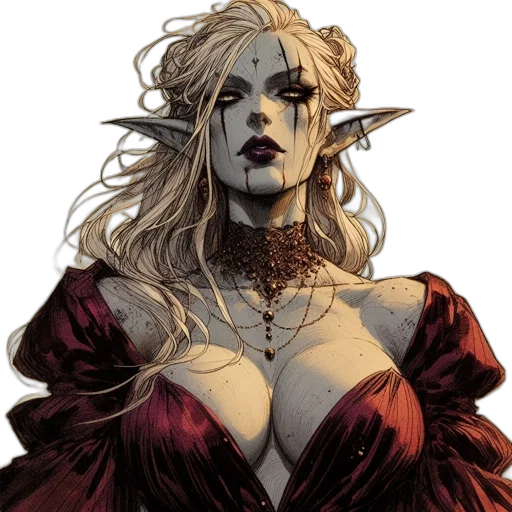 dress, fantasy art, comic book art, concept art, watercolor, red, dark, earth tones transparent PNG cut-out