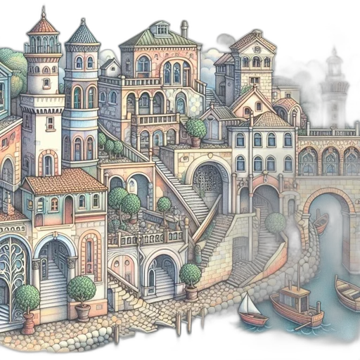 building, concept art, fantasy art, watercolor, 3d render, city street, fog, coastal transparent PNG cut-out