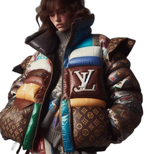 jacket, photorealistic, individual, donning, colorful, patchwork, bearing, monogram transparent PNG cut-out