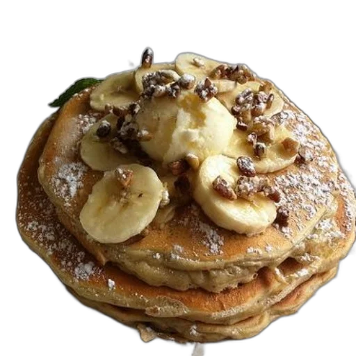 food, crown, stack, pancakes, topped, bananas, nuts, powdered transparent PNG cut-out
