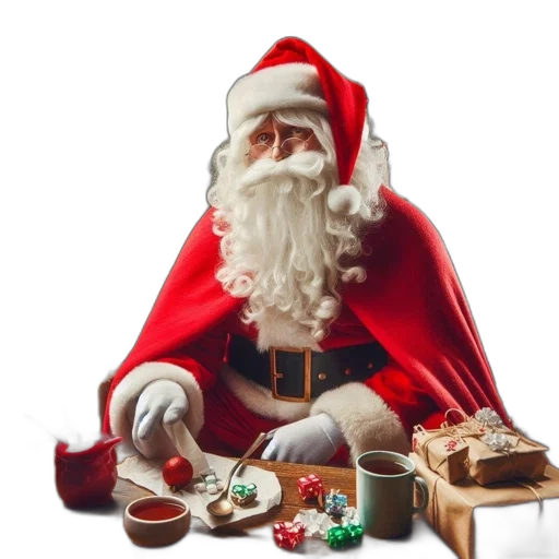 santa, claus, seated, festively, decorated, table, warm, cozy transparent PNG cut-out