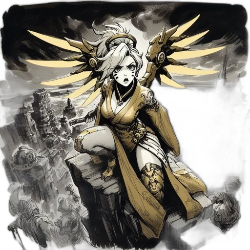 staff, fantasy art, concept art, comic book art, anime, golden, monochrome, female transparent PNG cut-out