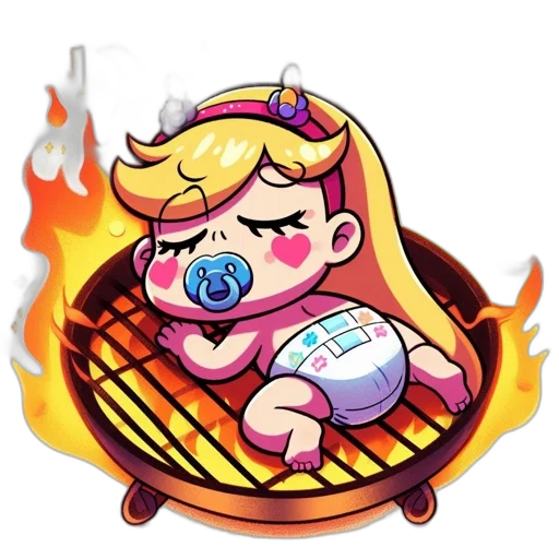 pixel art, concept art, vaporwave, cartoon, fire, baby, lies, calmly transparent PNG cut-out