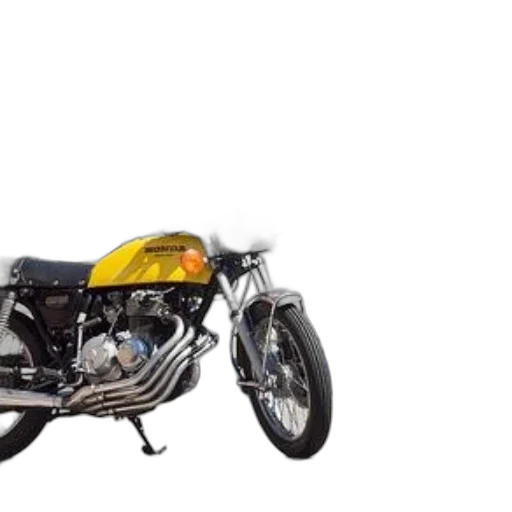 photorealistic, 3d render, vintage, yellow, honda, motorcycle, parked, sunny transparent PNG cut-out