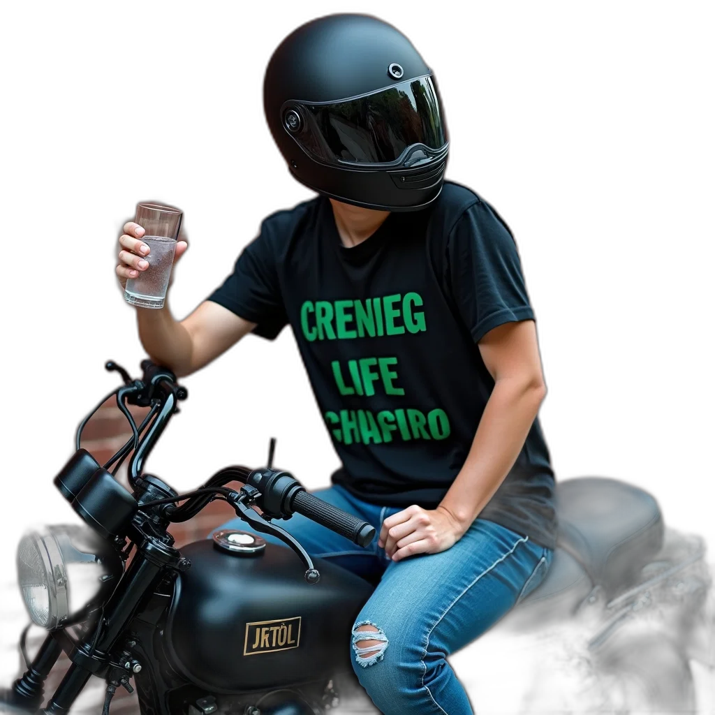 bottle, jacket, cyberpunk, green, person, sitting, motorcycle, holding transparent PNG cut-out