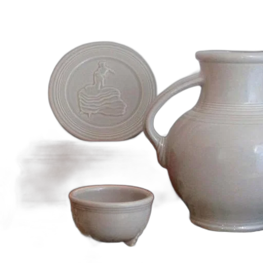 photorealistic, 3d render, white, ceramic, pitcher, handle, sits, tablecloth transparent PNG cut-out