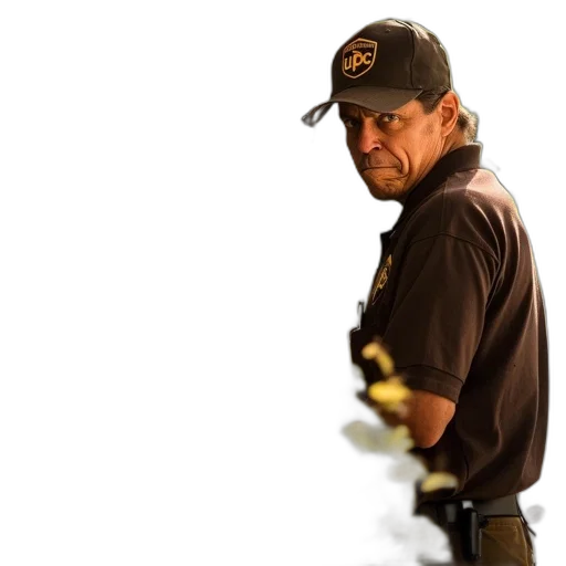 staff, man, uniform, peering, over, flower-adorned, doorstep, concerned transparent PNG cut-out