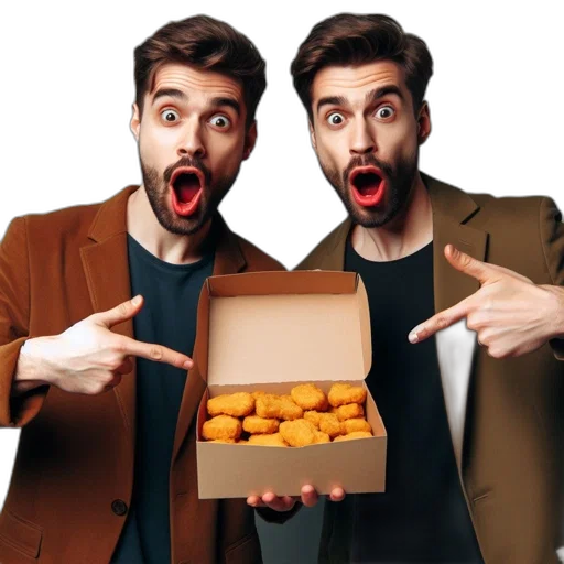 food, photorealistic, 3d render, two, surprised, men, business, attire transparent PNG cut-out