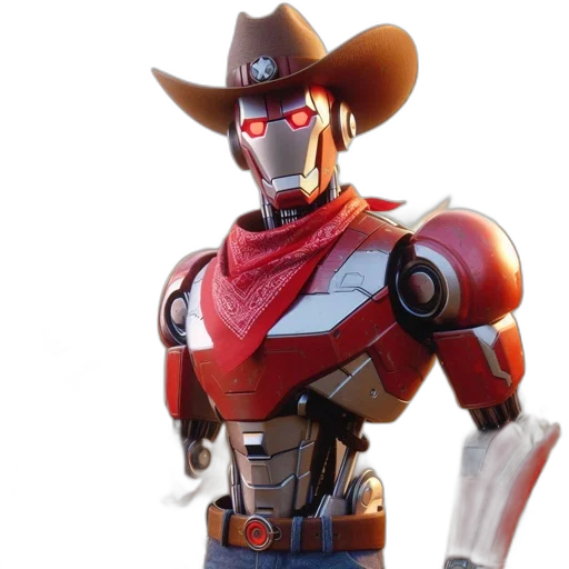 robot, 3d render, concept art, cowboy, attire, stands, front, grill transparent PNG cut-out