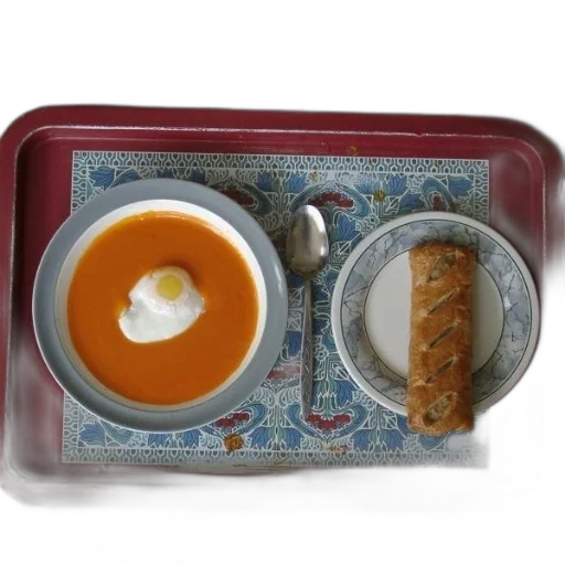 food, crown, photorealistic, bowl, tomato, soup, egg, top transparent PNG cut-out