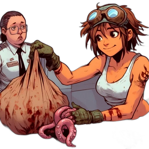 food, weapon, creature, concept art, comic book art, cyberpunk, pixel art, woman transparent PNG cut-out