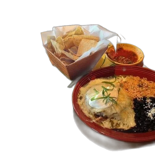 food, photorealistic, table, plate, enchiladas, rice, beans, salsa transparent PNG cut-out