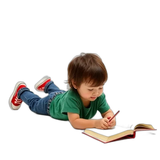 photorealistic, child, brown, hair, lying, floor, reading, book transparent PNG cut-out