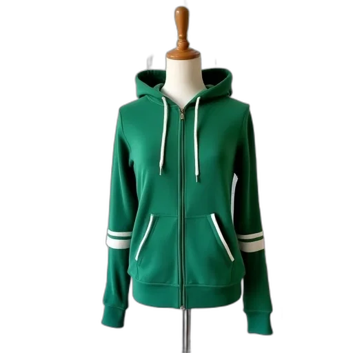 jacket, 3d render, green, hoodie, white, stripes, sleeves, displayed transparent PNG cut-out