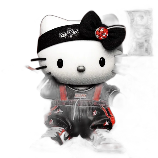 3d render, hello, kitty, black, red, ensemble, stands, atop transparent PNG cut-out