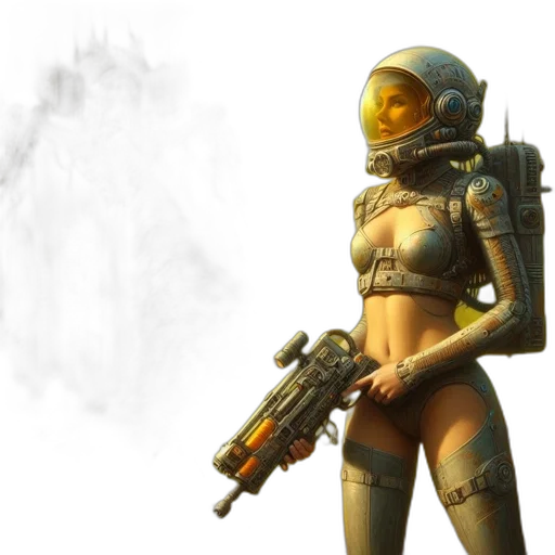 robot, weapon, concept art, cyberpunk, 3d render, fantasy art, outer space, golden transparent PNG cut-out