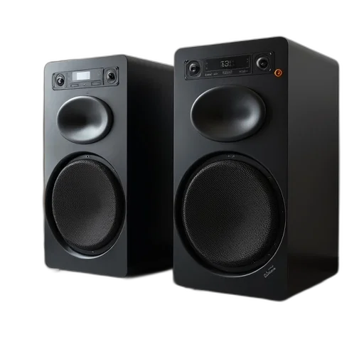 3d render, two, large, modern, speakers, sleek, design, placed transparent PNG cut-out