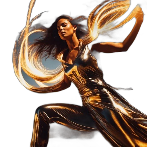 hair, dress, comic book art, concept art, photorealistic, fantasy art, fire, golden transparent PNG cut-out