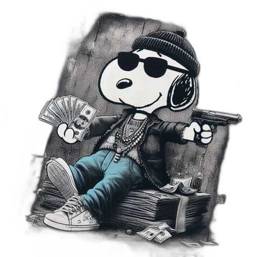 jacket, cartoon, comic book art, concept art, pixel art, monochrome, snoopy, depicted transparent PNG cut-out