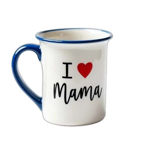 photorealistic, white, ceramic, mug, blue, rim, handle, featuring transparent PNG cut-out