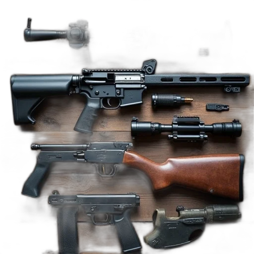weapon, 3d render, concept art, photorealistic, complete, rifle, parts, kit transparent PNG cut-out