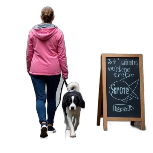 staff, jacket, woman, pink, walking, black, white, dog transparent PNG cut-out