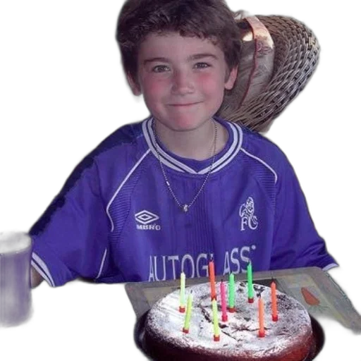 young, boy, purple, chelsea, jersey, sits, table, birthday transparent PNG cut-out