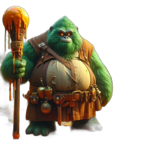 staff, concept art, fantasy art, 3d render, green, gorilla-like, creature, forest transparent PNG cut-out