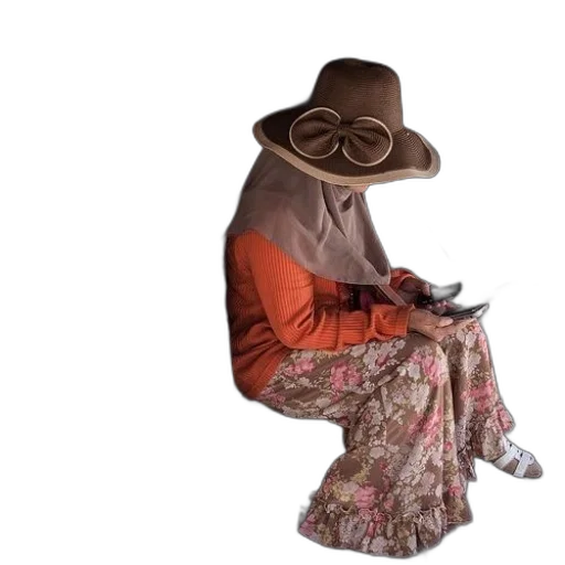 hat, mask, dress, jacket, earth tones, woman, floral, skirt transparent PNG cut-out