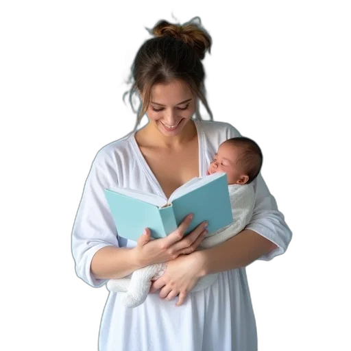 nursing, book, blue, white, picture, woman, holding, baby transparent PNG cut-out